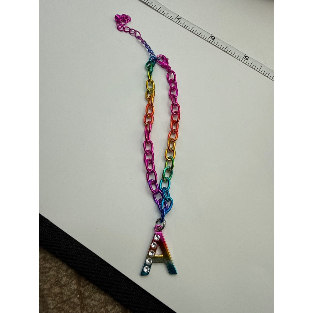 Rainbow Ombre Initial A Charm Bracelet Rhinestone Kids Jewelry Adjustable Chain